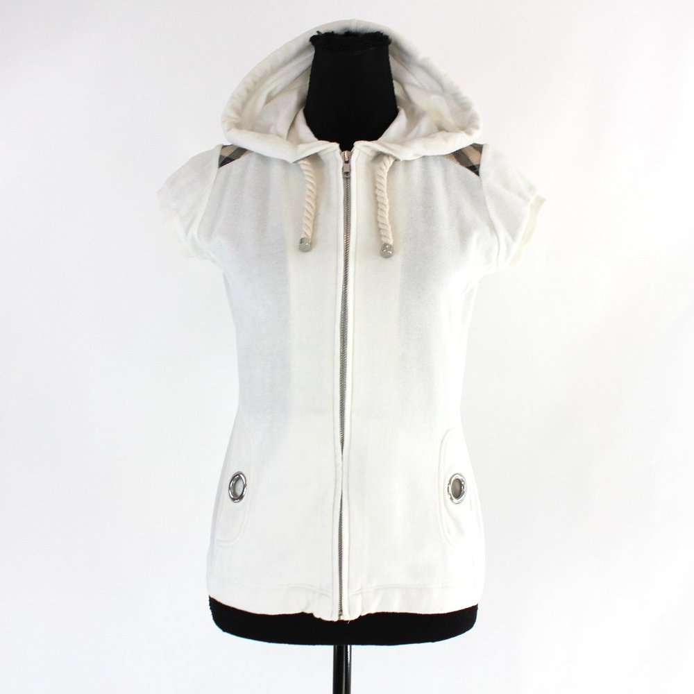 Burberry London White Hooded Zip Up Tartan Plaid Trim Swimsuit Beach Cover-Up S